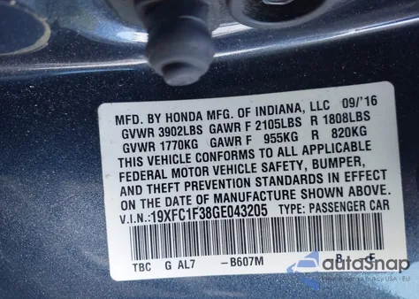 2016 Honda Civic Ex-T из США, поврежденный, VIN 19XFC1F38GE043205